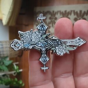 Silver Tone Cross and Peony Flower Badge